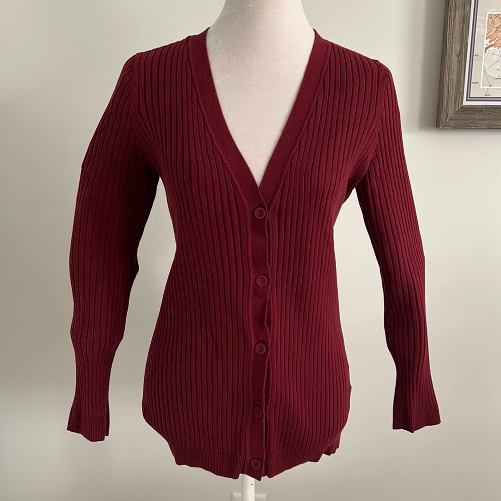 Lands’ End Ribbed V Neck Long Cardigan Burgundy size Medium